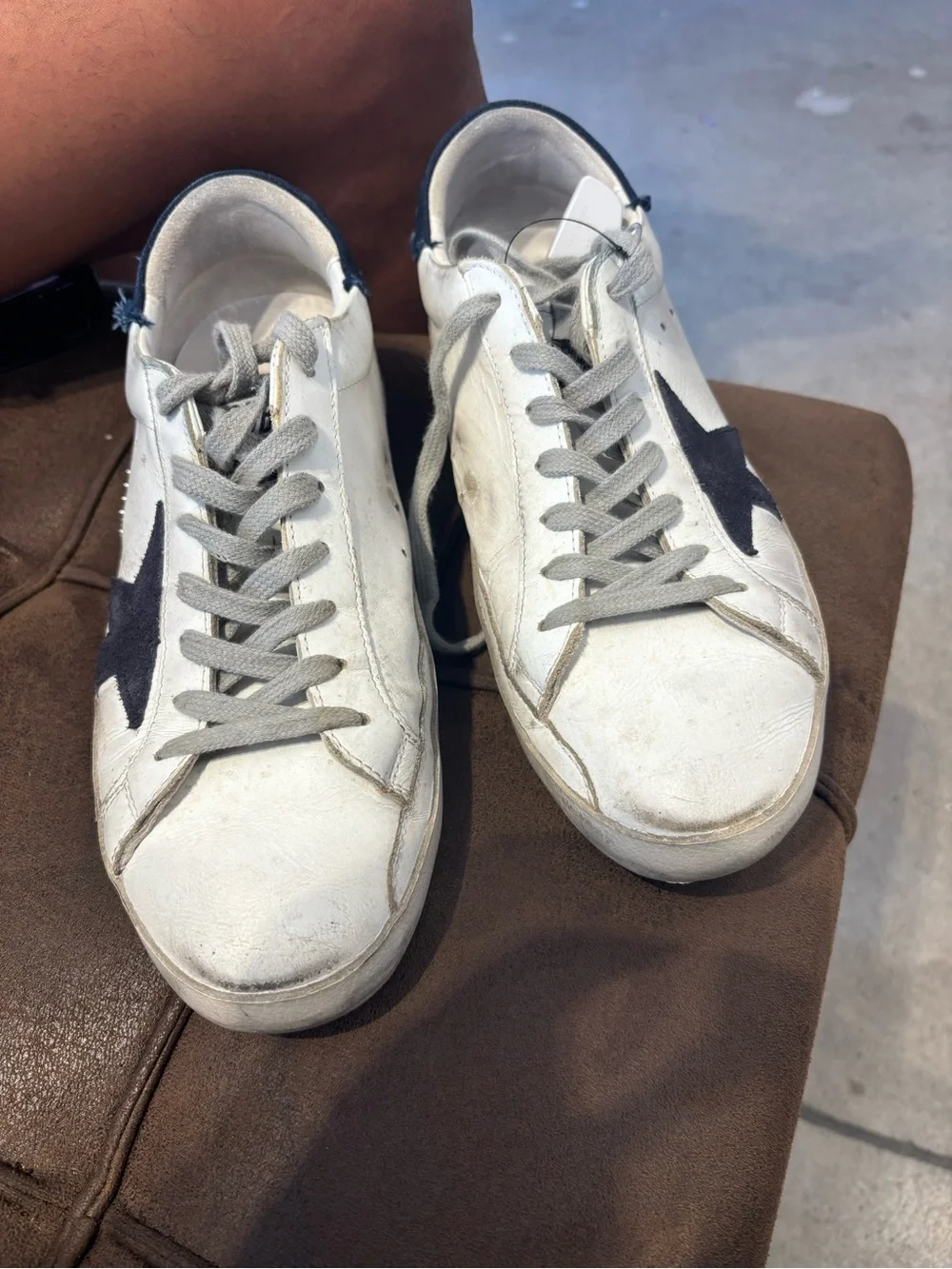 Golden Goose White Leather Sneaker with Navy Star and Heel